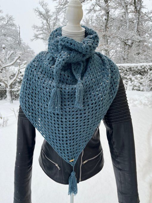 Chèche / Châle au crochet coloris pétrol